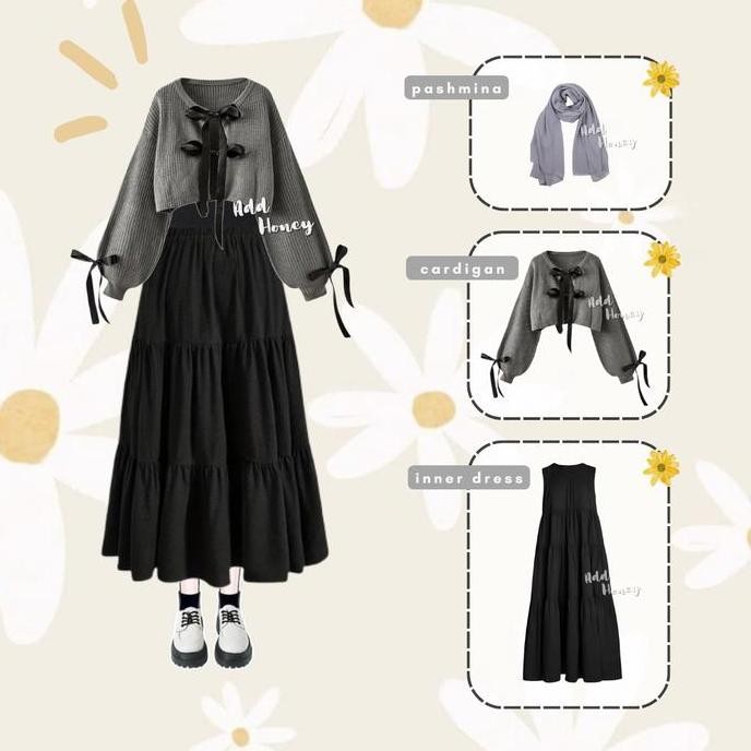 One Set Wanita Korean Style Hijab (Cardigan Pita Korea Dress Ruffle) Setelan Kekinian Terbaru Ah130 