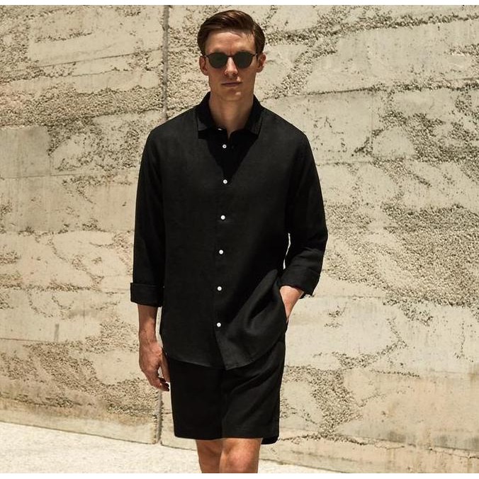 REMEDY | Midnight Setelan Kemeja Celana Linen Set Pria Hitam | Linen Set Men Black