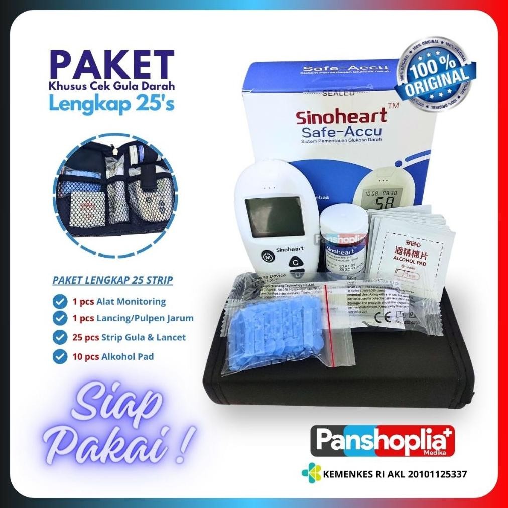 SINOHEART Safe-Accu Alat Tes Gula Darah Lengkap 25 Strip / Alat Ukur Gula Darah By Sinocare MURAH