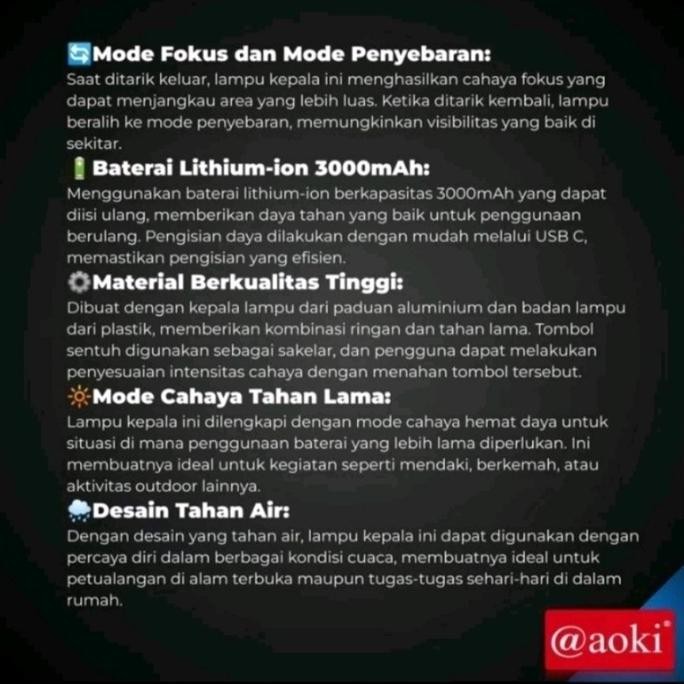 Senter Kepala Aoki Led Zoom 60Wat Ak-3671A 60Wat Pro 20 Jam - Cahaya Putih New Stok