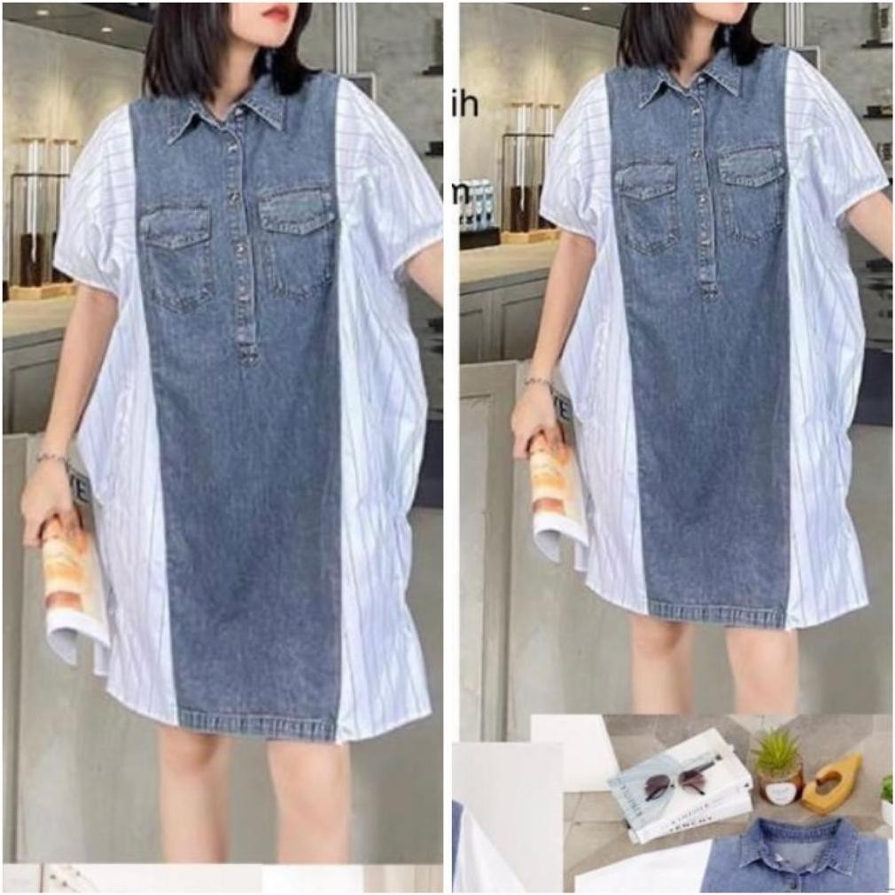 DRESS KOMBINASI DENIM / DRESS WANITA KOREA KATUN KOMBINASI DENIM 9082