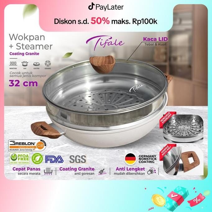 TERBARU - [NABUNG 4 SEPTEMBER] Tifale [2IN] WHITE Wokpan Diameter 2cm + Glass Lid + Granite Steamer 