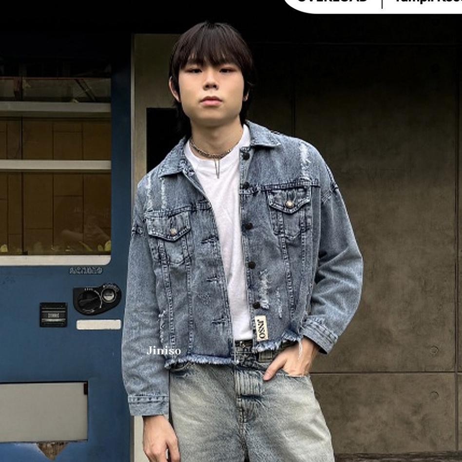 Jiniso Denim Pria Ripped Jaket Jeans Oversize Vintage Blue Acid