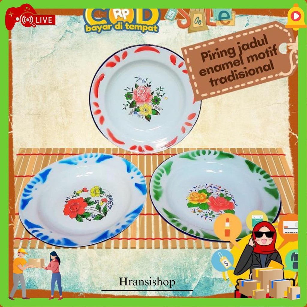 Piring Seng Enamel Motif Jadul 22 Cm Bunga Besi Jaman Dulu Legend Cod