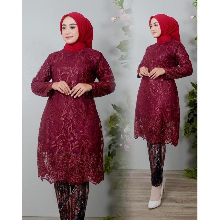 Setelan Tunik Tulle Kurung Aqila Rasleting Belakang Mix ROK Plisket Jumbo 130 cm // Atasan Kebaya Tu