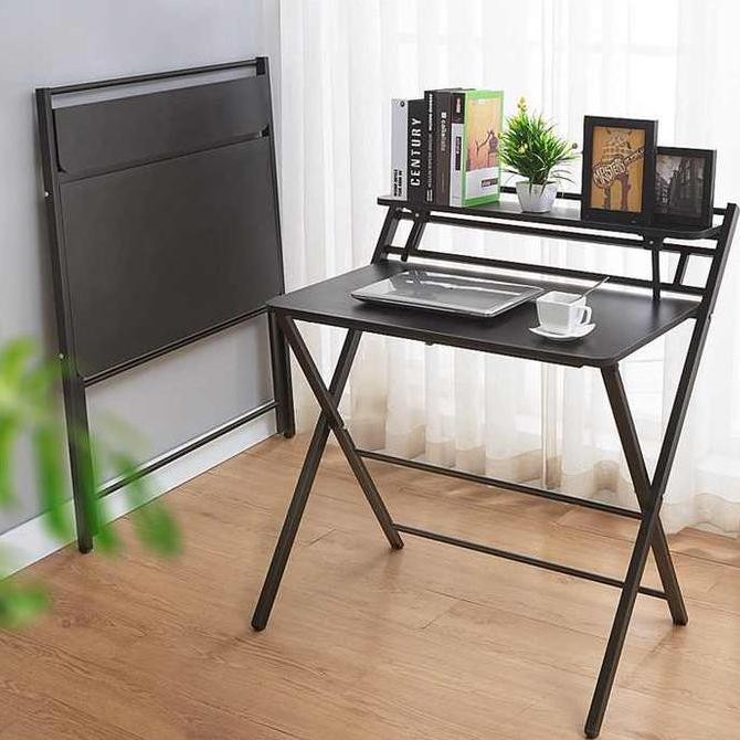 Meja Laptop Komputer PC Kerja Belajar Lipat Foldable Desk Besi Multifungsi Minimalis Kokoh Hitam Put