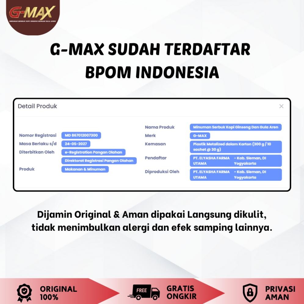

Ready!! Kopi Instan G-max Minuman Penambah Durasi Dan Energi NO1 Bpom Halal