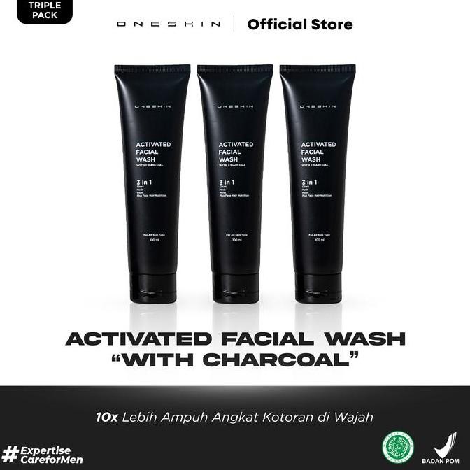 TERMURAH - Oneskin Activated Facial Wash "With Charcoal" | Triple Pack Kotoran Membersihkan Wajah Pr