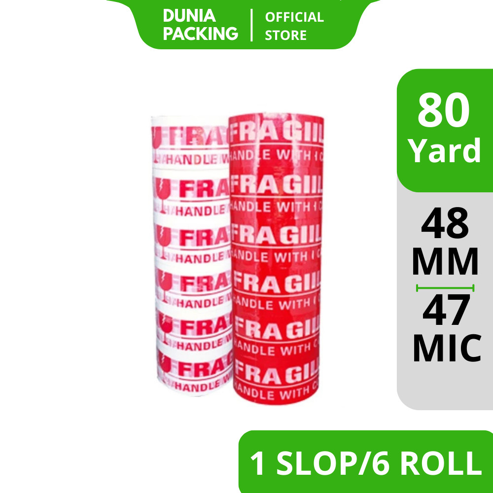 

[TERMURAH] Lakban OPP Tape / Lakban Fragile Merah Putih Dunia Packing 80 Yard (1 Slop)