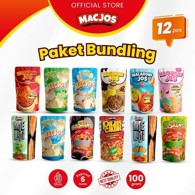 

MACARONI JOS Cemilan Paket Bundling 12pcs Makaroni Mie Lidi Pilus Cikur Makanan Kerupuk Seblak Basreng Keripik Tempe