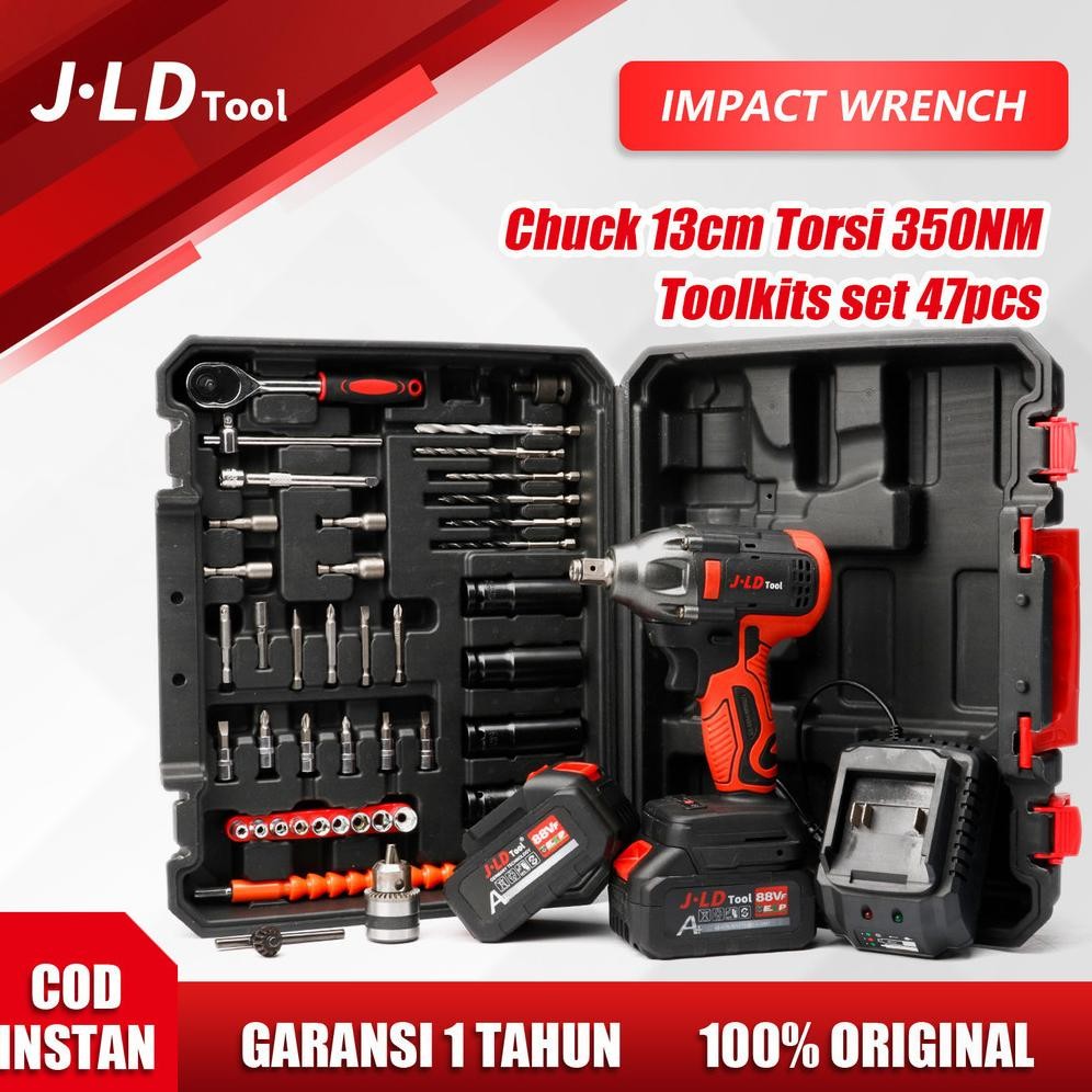 JLD Impact full set murah 47pcs Impact jld tool 88v original 350NM bor impact pembuka baut 1/2 13mm 