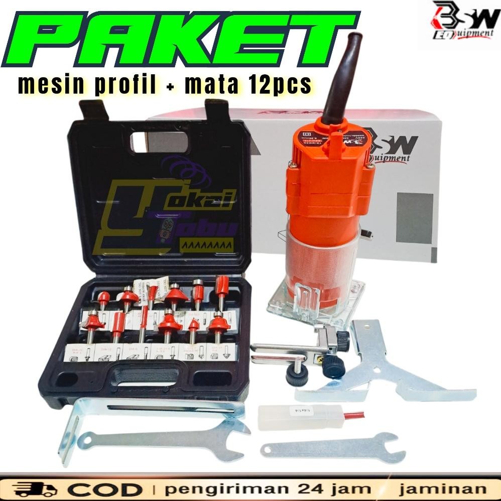 SET PROFIL + MATA Trimmer 550W 1/4" 6 MM PLUS Mata Profil 12pcs 6.35mm Mesin Router Trimer Kayu aSt