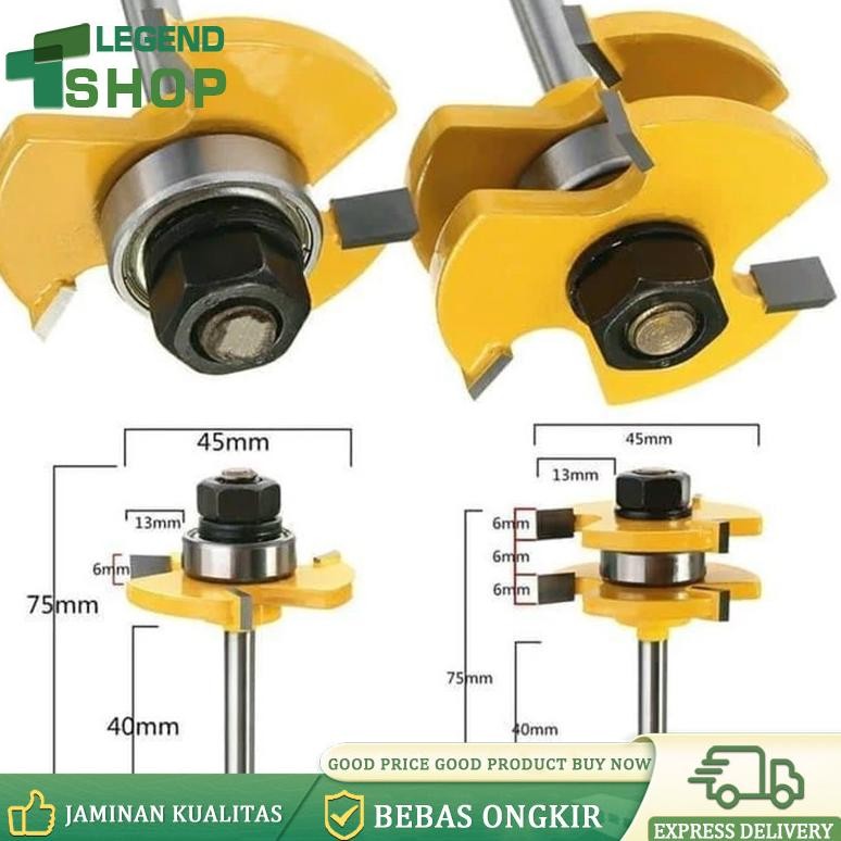 1 / 4 " Mata Profil Tongue & Groove Bentuk T 3 Gigi Shank 2pcs 8mm Untuk Pengerjaan Kayu & Groove As