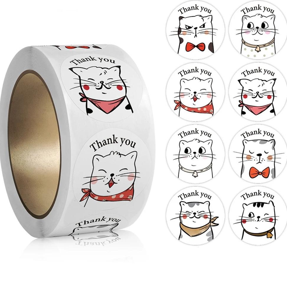 

500Pcs/Roll Thank You Cat Stickers Cute Cartoon Animal Stickers Kids Gift Party Birthday Packaging Sealing Baking Business Label
