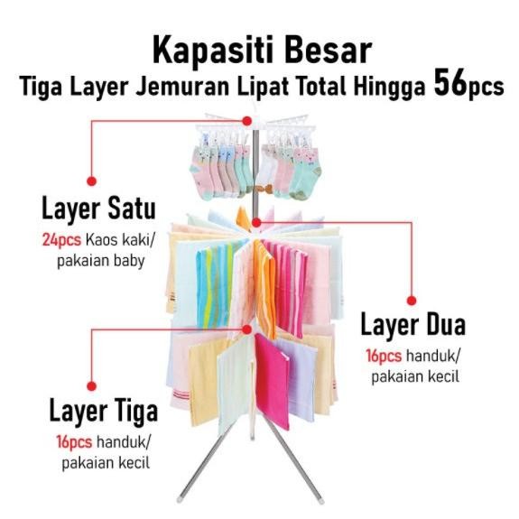 Menara Rak Jemuran Baju Bayi Handuk Menara Kaos Kaki Kain Gantung Berdiri Hanger Lipat Tiang 3 Susun