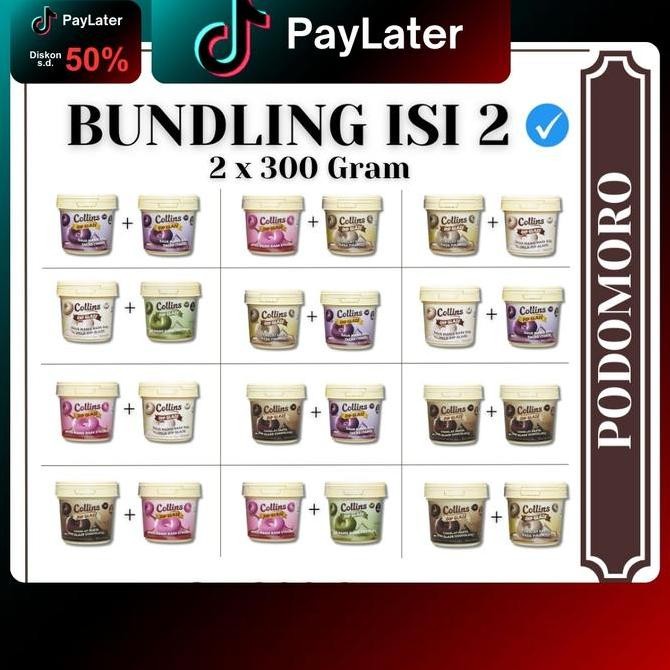 

Paket Bundling isi 2 Collins Dip Glaze 300 GR Topping Kue Donut Pisang All Varian Rasa Cokelat, Tiramisu, Green Tea, Taro, Strawberry, Milk