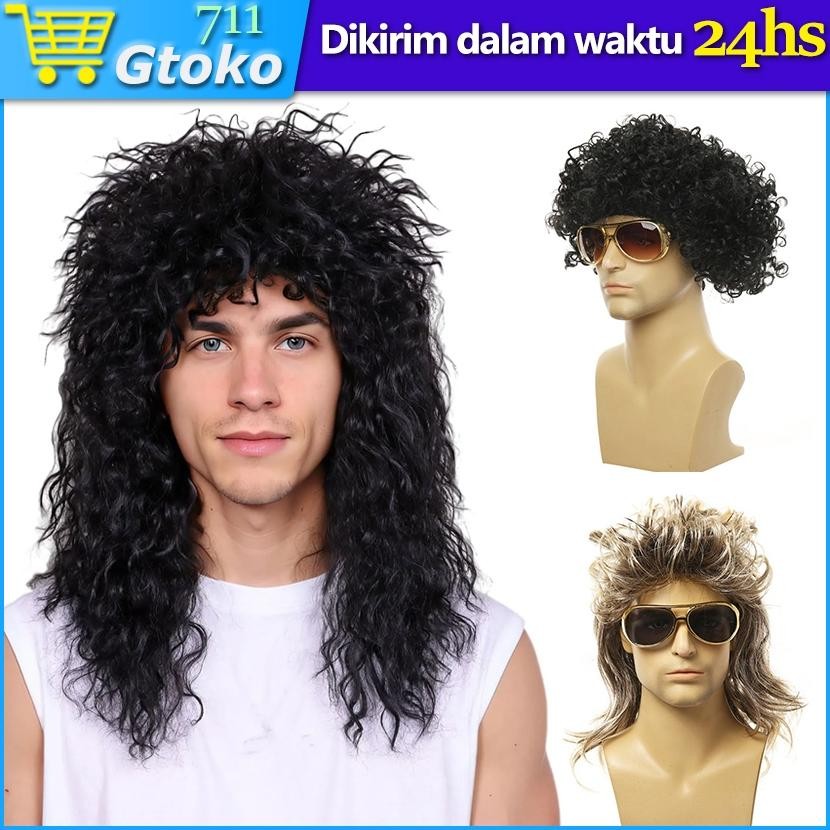 Wig Rocker Punk Wig Kribo Wig Brokoli Rambut Palsu Keriting Panjang Pria Wanita Pesta Cosplay Hallow
