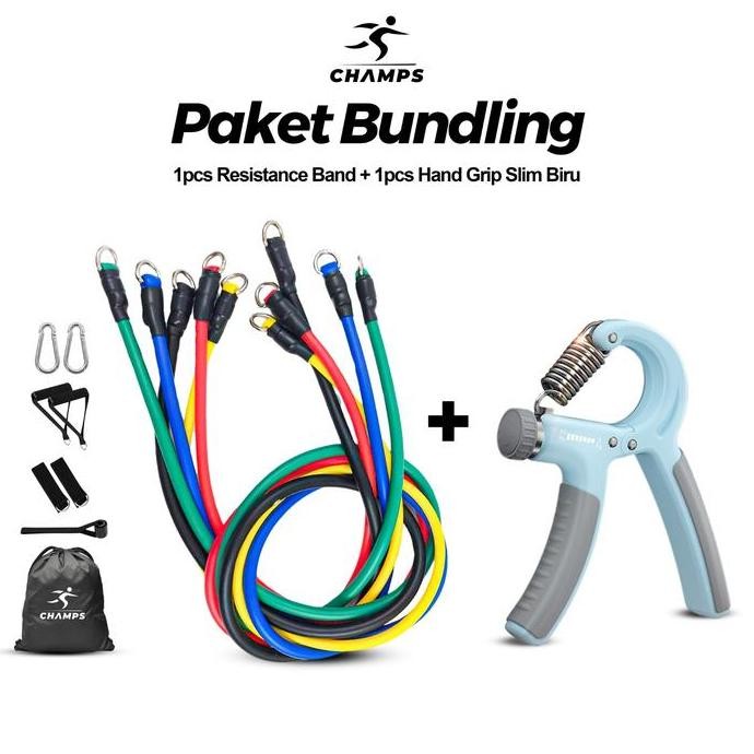HRG DISKON [BUNDLING] CHAMPS CH-RB1+CH-HG3-BIRU Resistance Band 11 in 1 + Handgrip Slim 5-60 KG BIRU