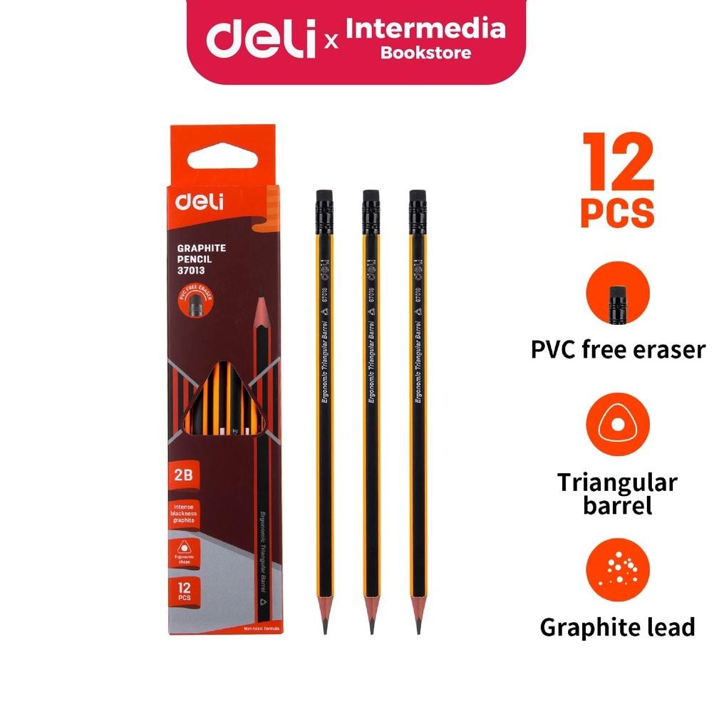 

Deli E37013 Graphite Pencil 2B with eraser / Pensil grafit segitiga dengan penghapus 8188mm 1 pack isi 12 DiM