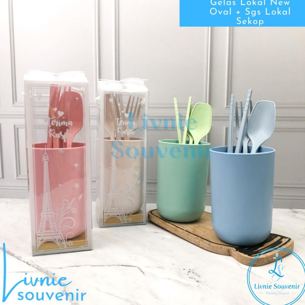 KLJ ( PER 10 PCS ) Souvenir Gelas Lokal Plastik Lurus/Oval set sendok sekop/bebek Dibungkus Mika Mot