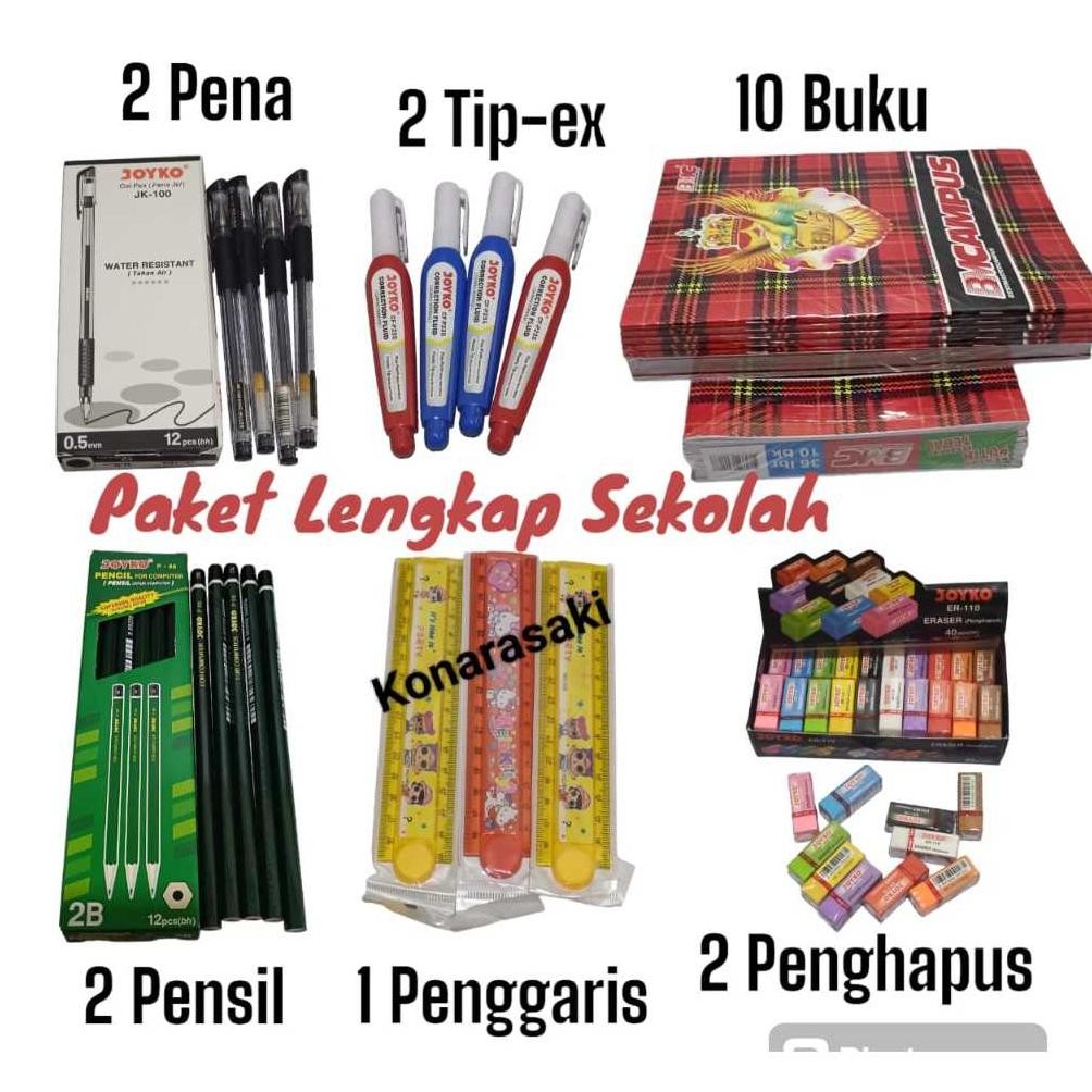 

( PAKET LENGKAP SEKOLAH ) 10 BUKU AMPUS ISI 36 LEMBAR + 2 pulpen + 2 pensil +2 penghapus + 2 tip ex +1 penggaris