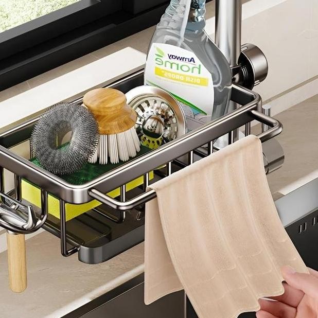 Rak Organizer Wastafel Dapur Tempat Sabun Spons Rak Aluminium Penyimpanan Tempat Kain Pencuci Piring
