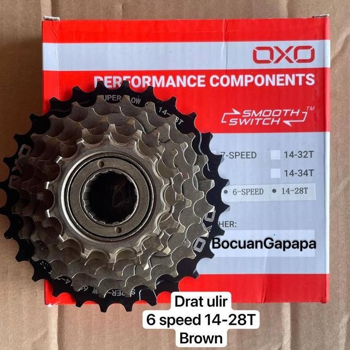 Diskon Sprocket Drat Ulir Freewheel Megarange Oxo 6 Speed 14-28T Brown Murah