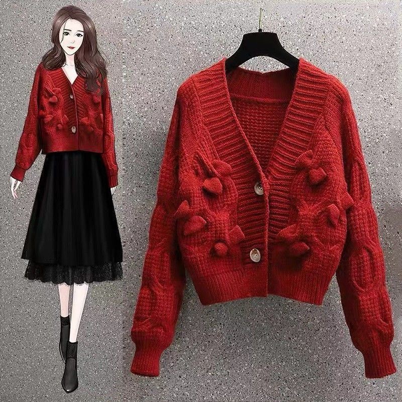 Sweater Vintage Wanita untuk Pakaian Luar V Cardigan Rajut Longgar dengan Kerah Pita
