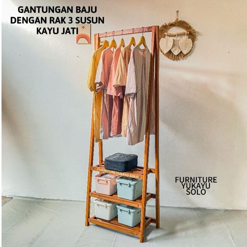 Gantungan Baju Rak Susun Kayu Jati Stand Hanger Kayu Jati Dengan Rak Serbaguna Berkwalitas / Gawanga