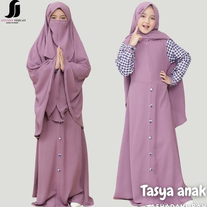 Afhadahijrah - Gamis anak perempuan set cadar TASYA cringkle air flow dusty lilac baju dan jilbab be