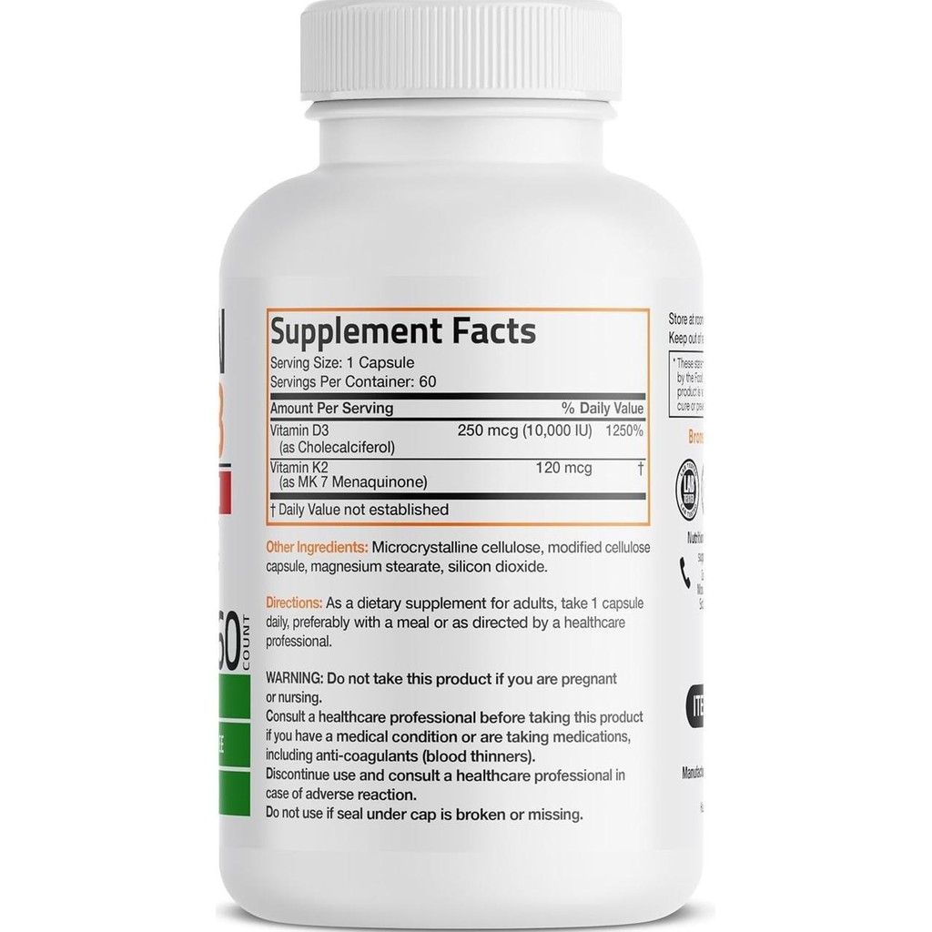 Bronson Vitamin K2 MK-7 Plus Vitamin D3 Extra Strength