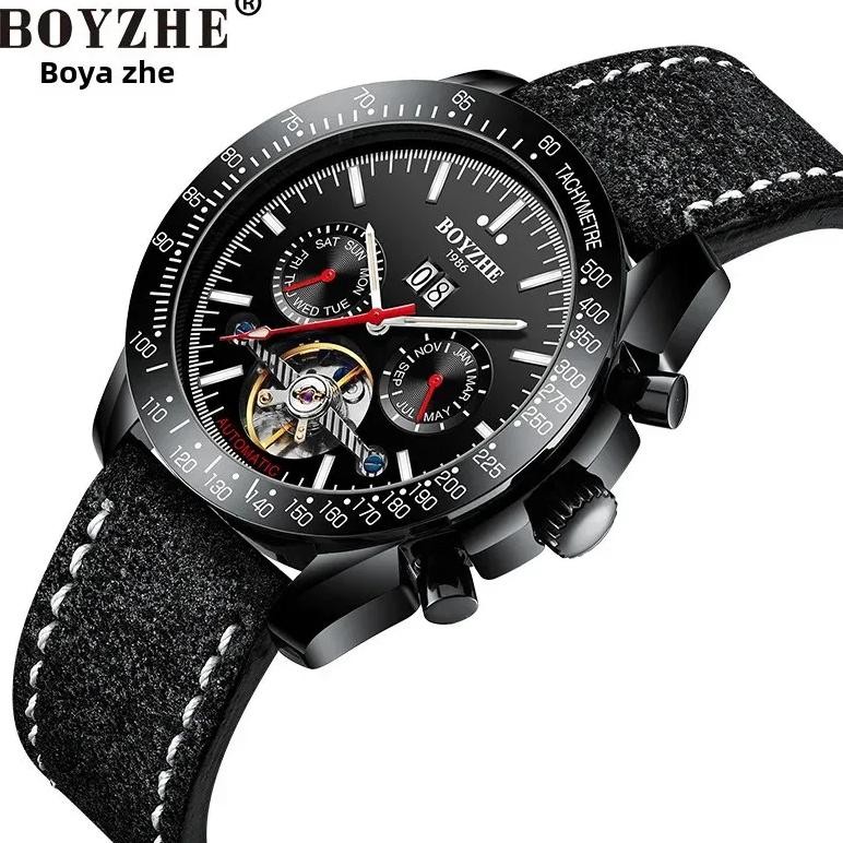 Boyzhe Large Dial Men's Watch Automatic Mechanical Watch Genuine Leather Double Calendar Tiktok Popu