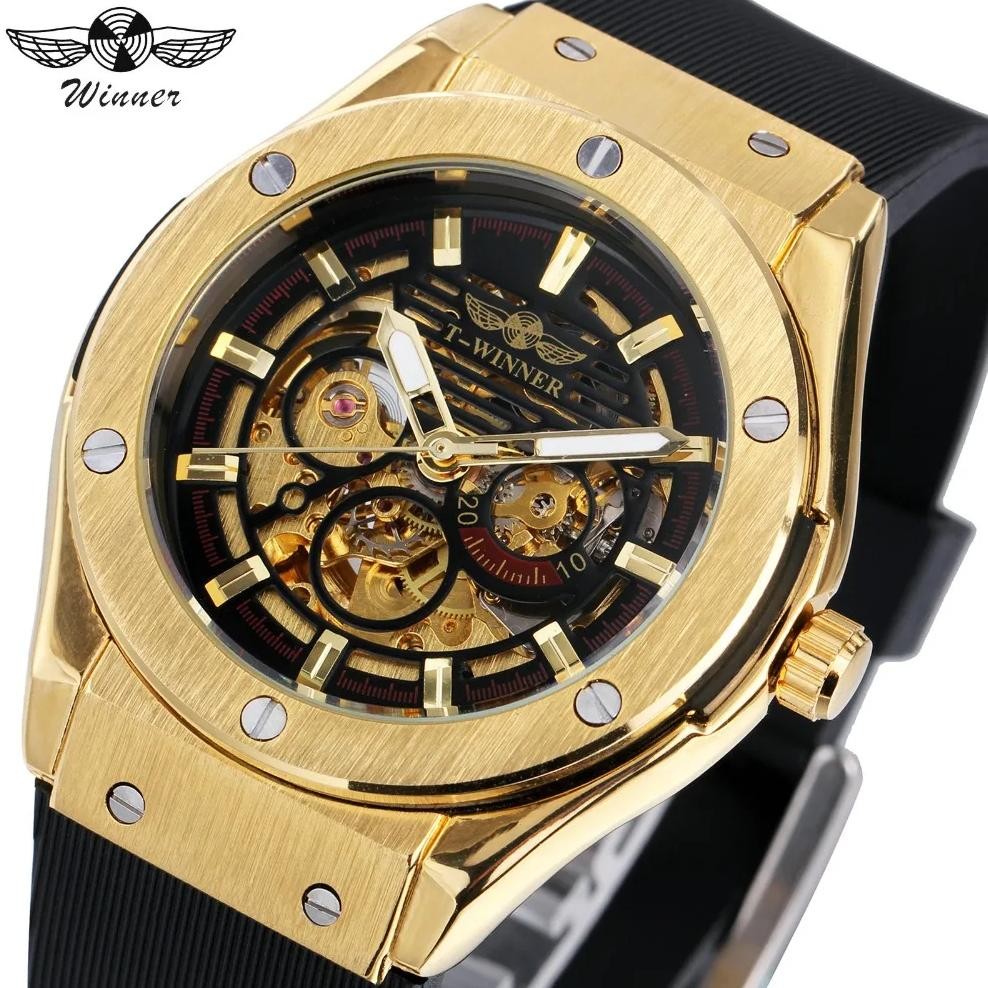 WINNER Luxury Mens Mechanical Watches Rubber Strap Male Automatic Skeleton T-WINNER Wristwatch Lumin
