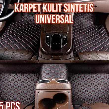 terbaru Karpet Kulit 5D Sintetis Lantai Mobil 5 Pcs 2 Baris Warna Hitam Merah Universal Anti Slip Ma