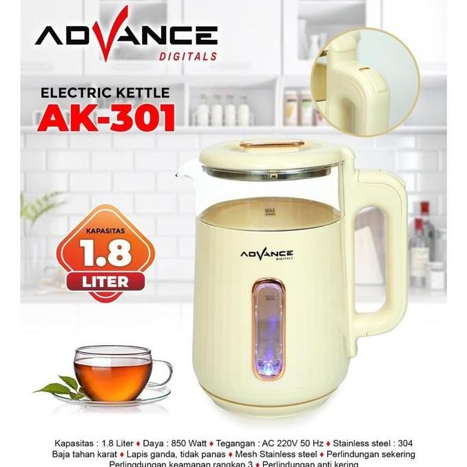 Advance Teko Listrik Ak-301 Electric Kettle 1.8L Teko Listrik Kaca Transparan Garansi Resmi 1 Tahun
