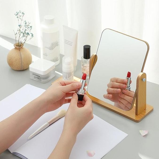 Cermin Hias Mini Putar Frame Kayu Kaca Make Up Estetik Atas Meja
