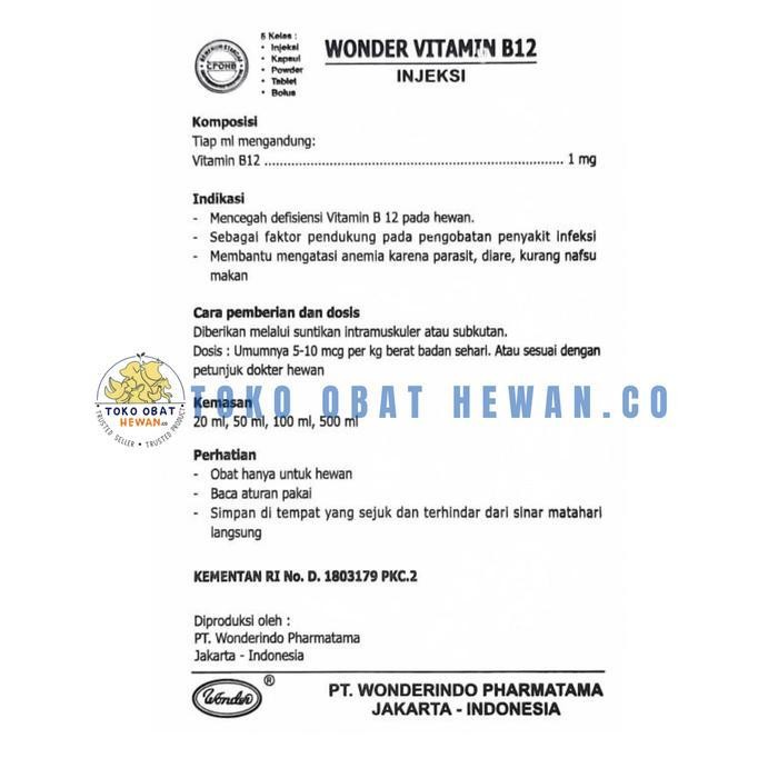 Wonder Vitamin B12 Injeksi Obat Anemia Khusus Hewan