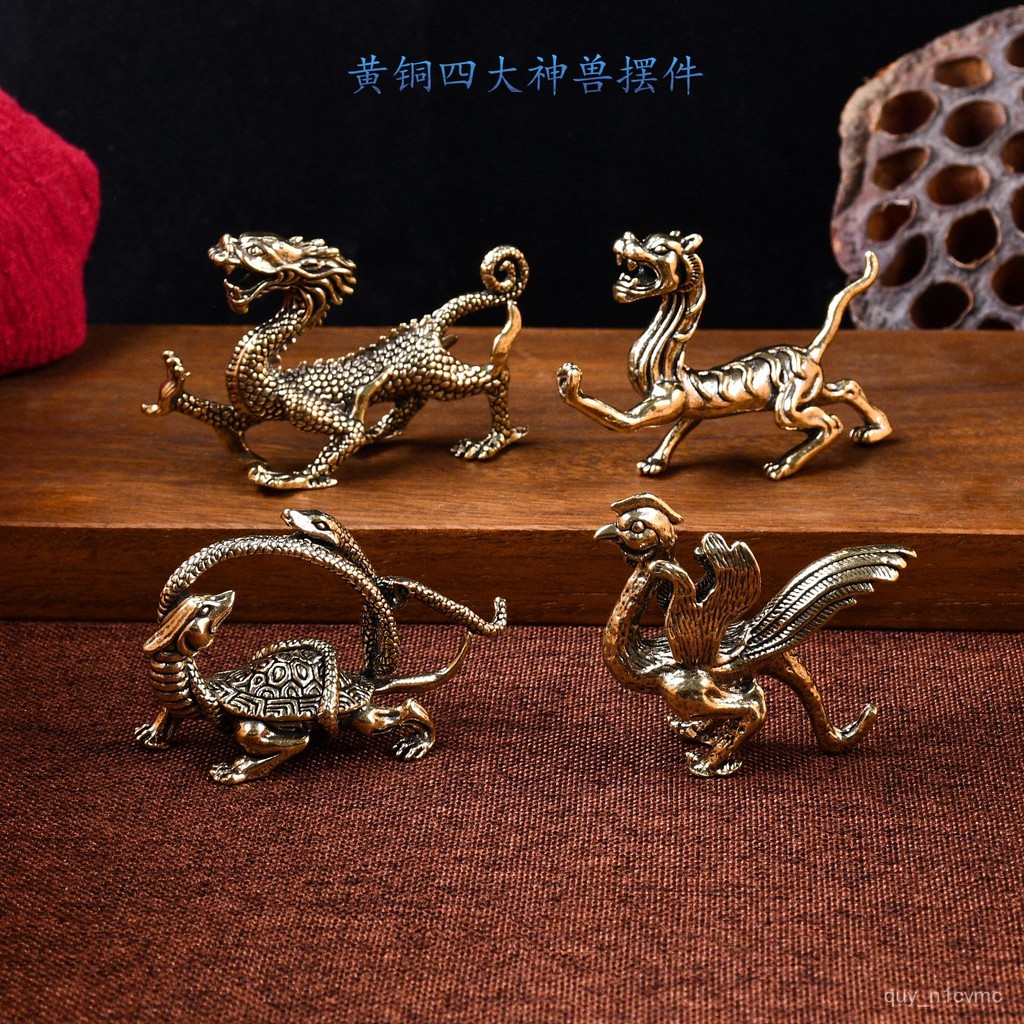 Empat Binatang Mitos Kuningan Gaya Cina Qinglong Harimau Putih Suzaku Xuanwu Dekorasi Ruang Belajar 