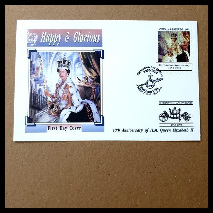 

TERBARU PRANGKO 40TH ANNV. CORONATION OF H.M. QUEEN ELIZABETH II (1953-1993) HAPPY & GLORIOUS. FDC DARI ANTIGUA & BARBUDA (1) !!
