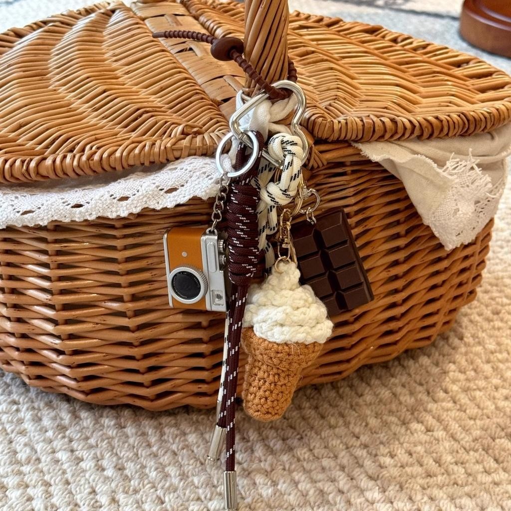 Gantungan Kunci Es Krim Coklat/Kamera Sandwich Anjing Dachshund Keychain/Liontin Anyaman/Gantungan K
