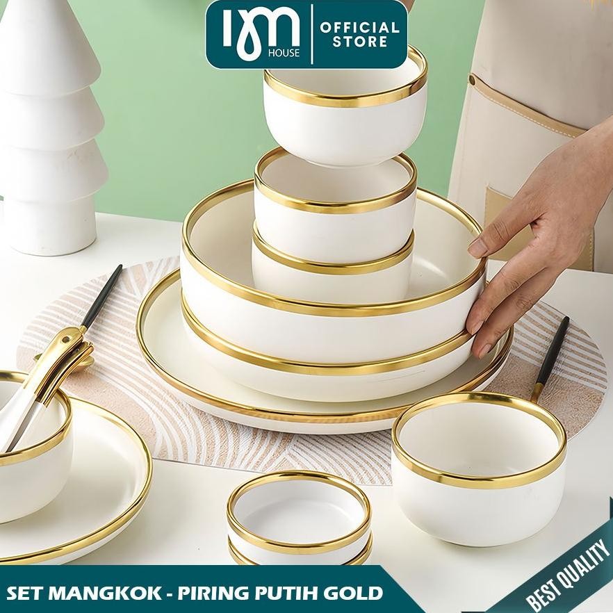 INMINDHOUSE PIRING MAKAN KERAMIK PUTIH GOLD / PIRING PUTIH KERAMIK LIST GOLD / MANGKUK KERAMIK PUTIH
