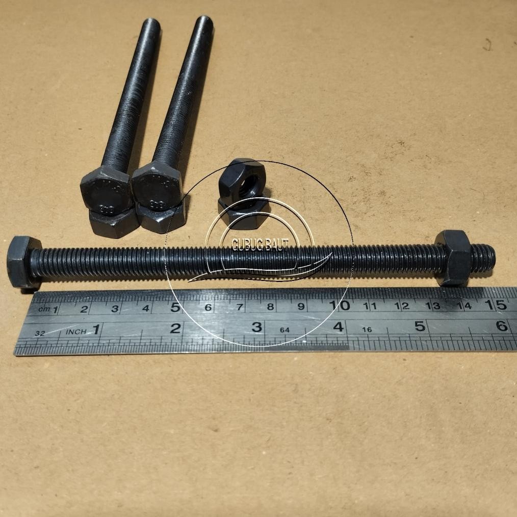 Baut Mur Baja Kunci 17 M10 X 150 Full Drat Panjang 15CM 15 CM BAUD HTB Grade 8.8 Hitam M10X150 10X15