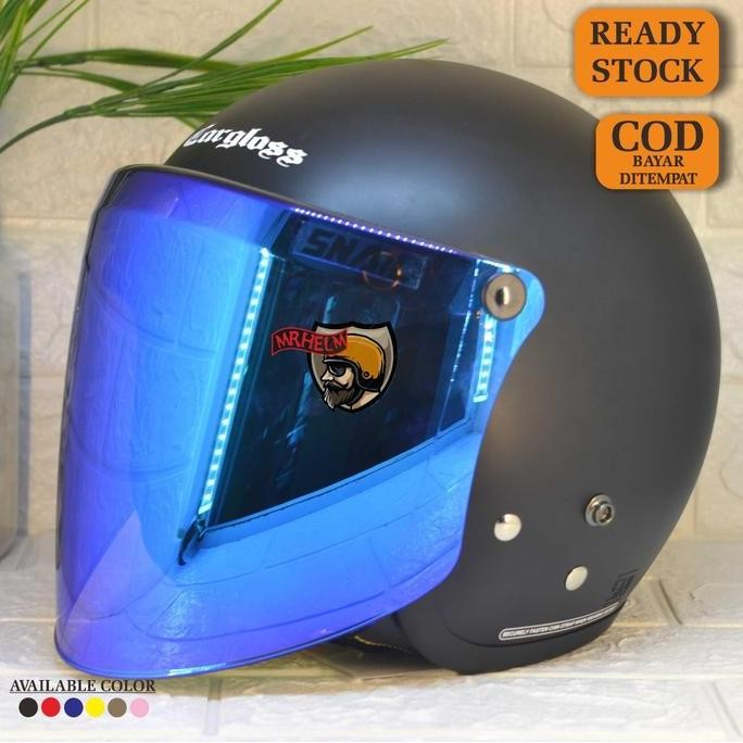 Helm Cargloss Retro Original + Visor Snail Flat Iridium Blue Premium Q Forsale