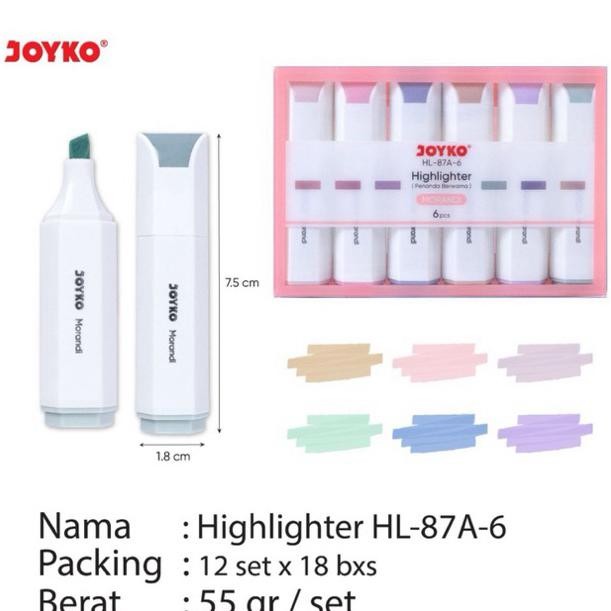 

( 1 set = 6 pcs ) HL87a Joyko Highlighter Warna Pastel HL-87A-6 / Penanda Berwarna Pastel isi 6 warna DiM