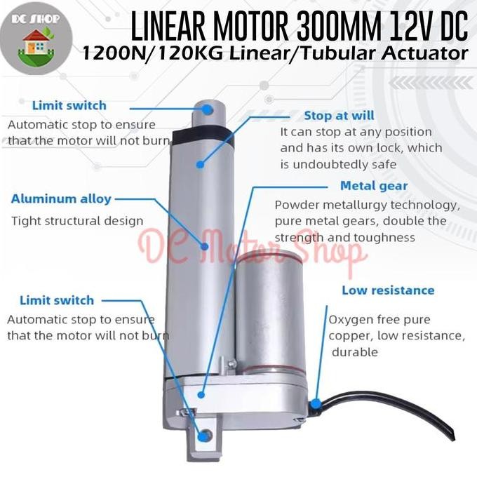 Linear Motor 300Mm 12V Dc 5Mm/S 1200N / 120Kg Linear/ Tubular Actuator