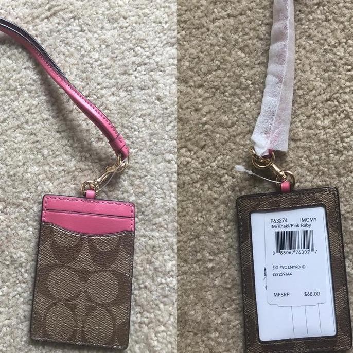 

NEW NWT Coach Lanyard gantungan ID khaki pink Ruby