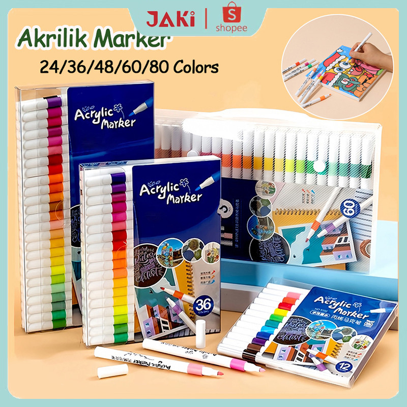 JAKI Spidol Acrylic Marker Spidol Warna 1 Set DIY Painting Akrilik Marker 12/24/36/48/60/80 Warna