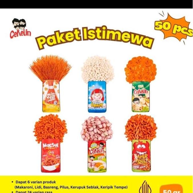 

paket reseller 50 pcs, camilan viral macaroni sultan, Pilus , baper, Mie lidi yoi, keripik tempe, kerupuk seblak 50 gram,bisa request rasa