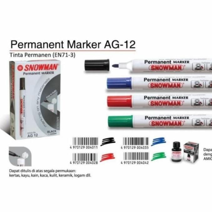

Paket Hemat Spidol Snowman Ag12 Permanent. 1 Pak Isi 12 Pc New Stok