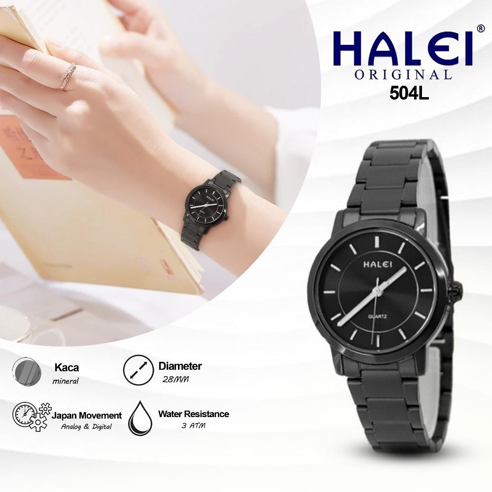 Halei 504 L Jam Tangan Wanita Halei Original Fashion Anti Air Rantai Stainless Back Analog Kekinian